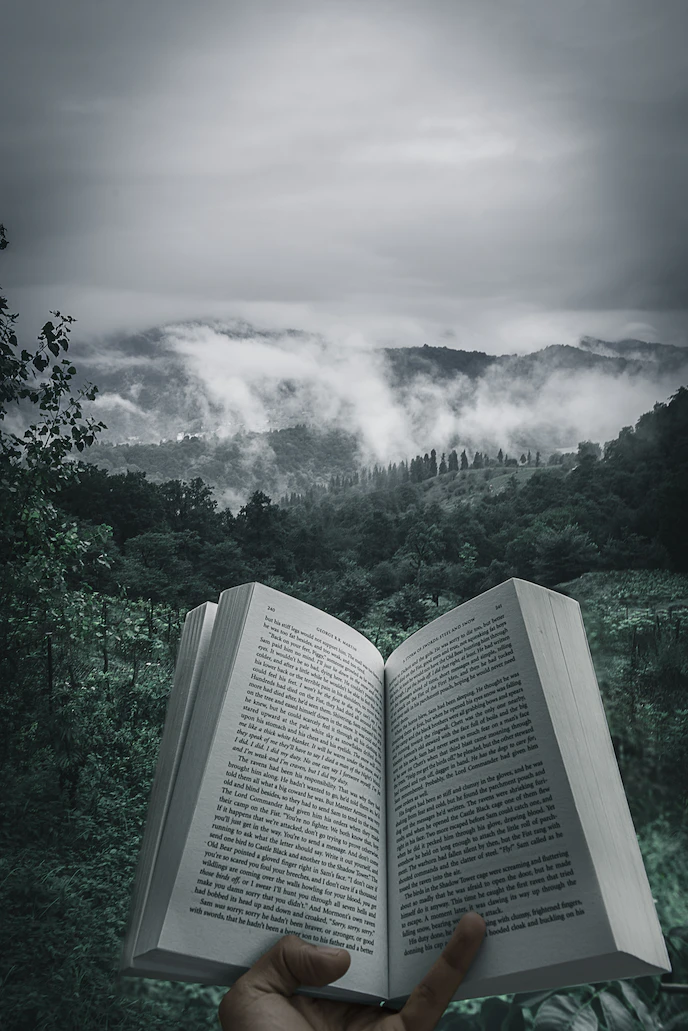 Book opened with misty mountains and dark forest behind